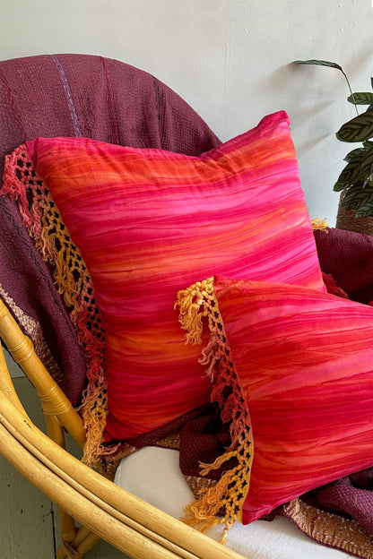 Pink Batik Hand Dyed Boho Cushion With Tie Dye Fringes - Biggs & Hill