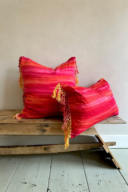 Pink Batik Hand Dyed Boho Cushion With Tie Dye Fringes - Biggs & Hill