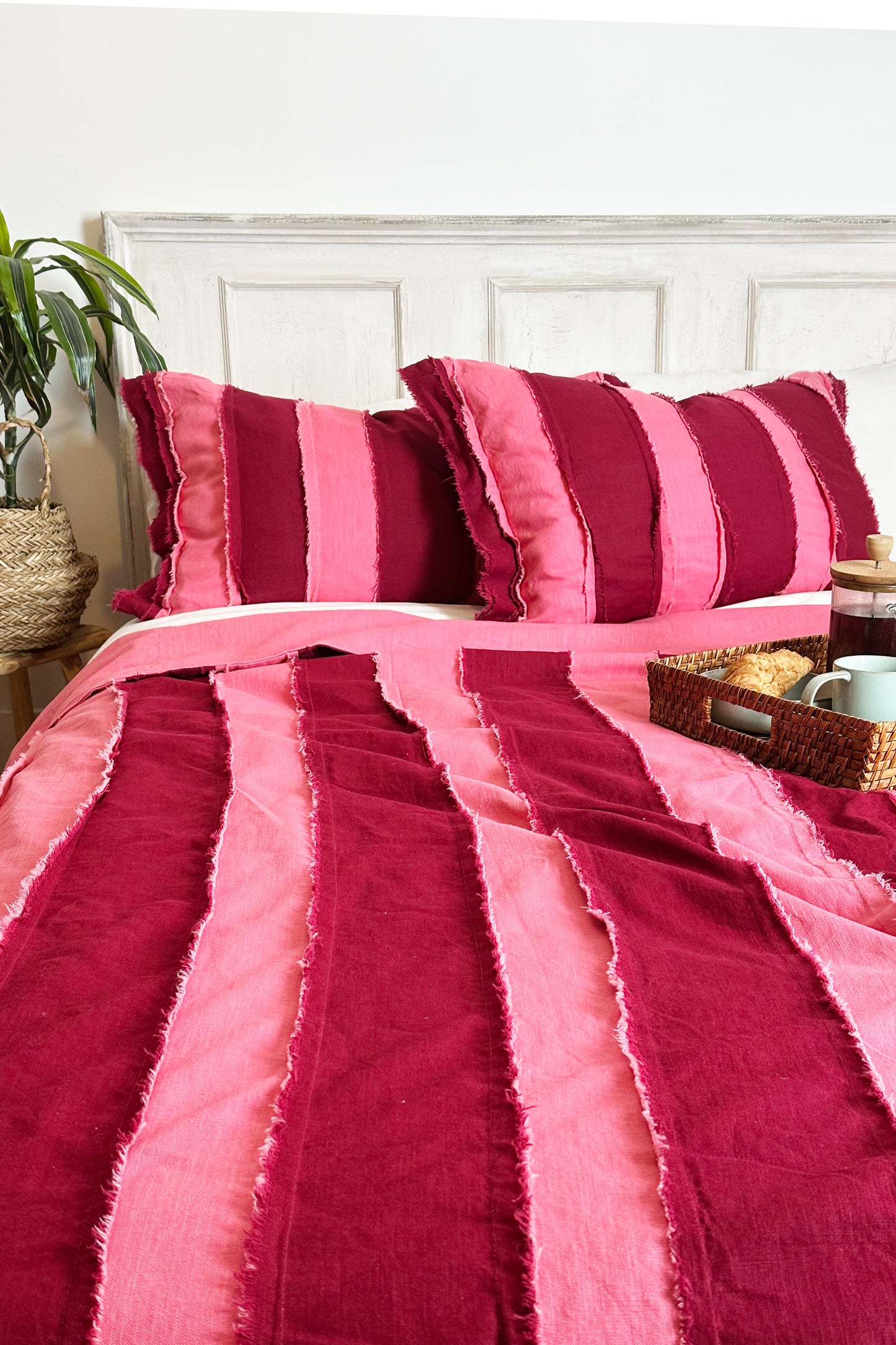 Pink and Burgundy Striped Linen Bedroom Pillowcase