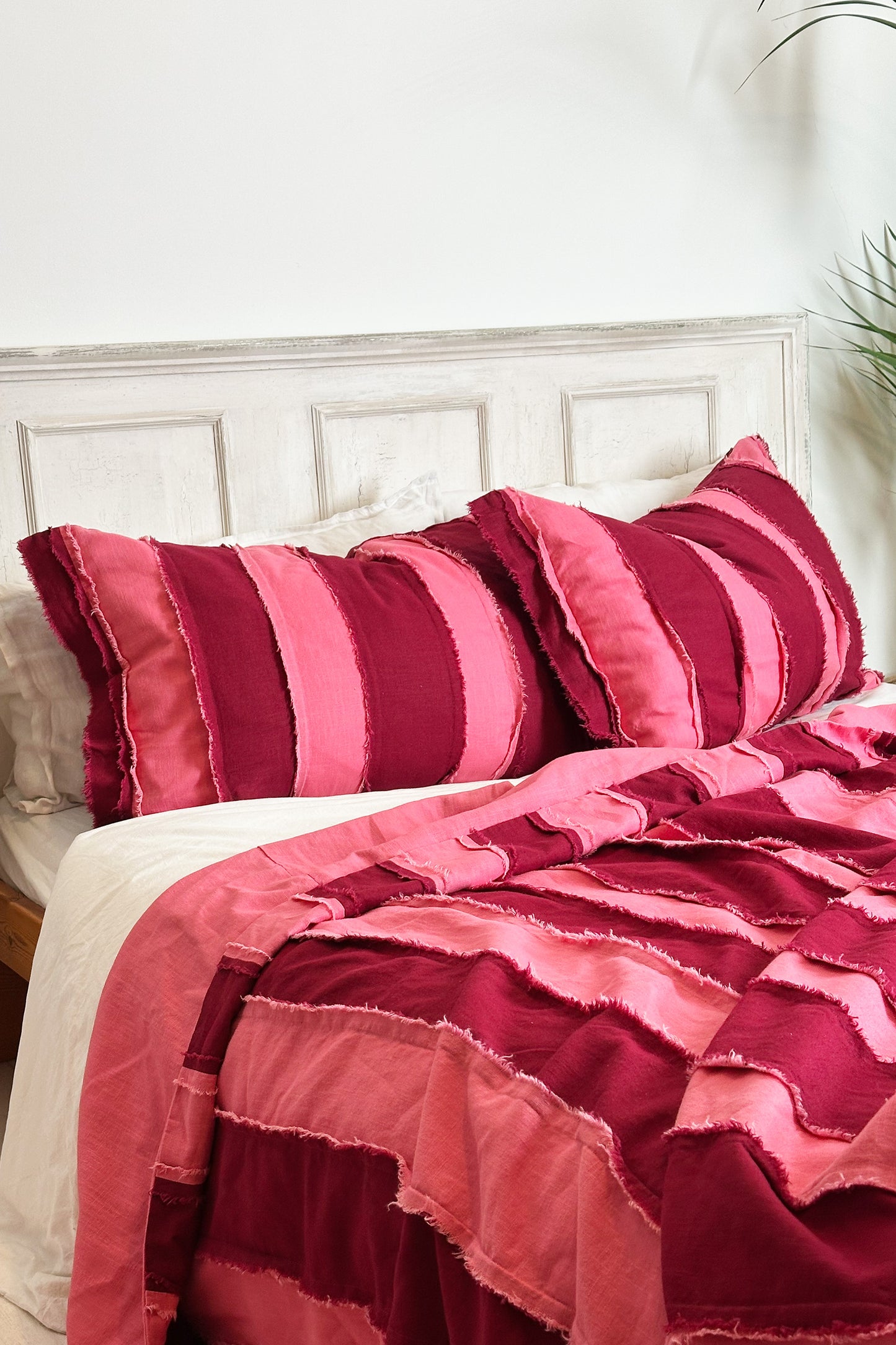 Pink and Burgundy Striped Linen Bedroom Pillowcase