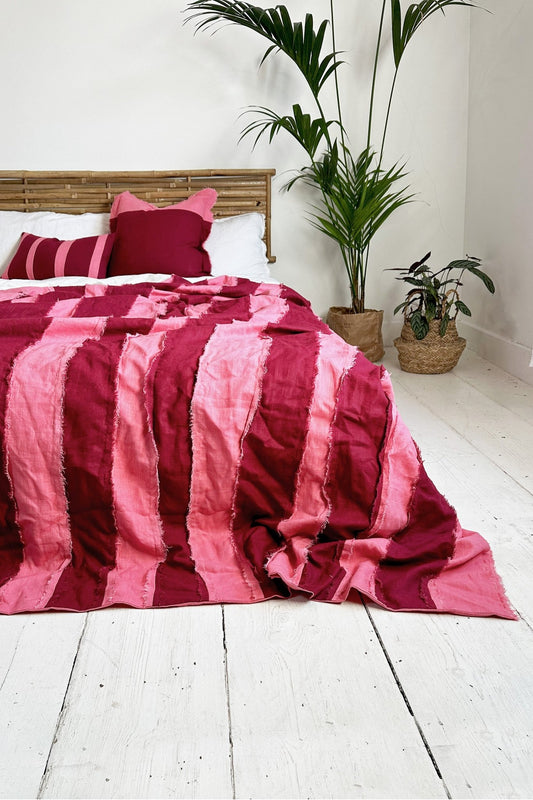 Pink and Burgundy Striped 100% Linen Bedspread - Biggs & Hill - Linen Bedspread - Bedspread - blanket