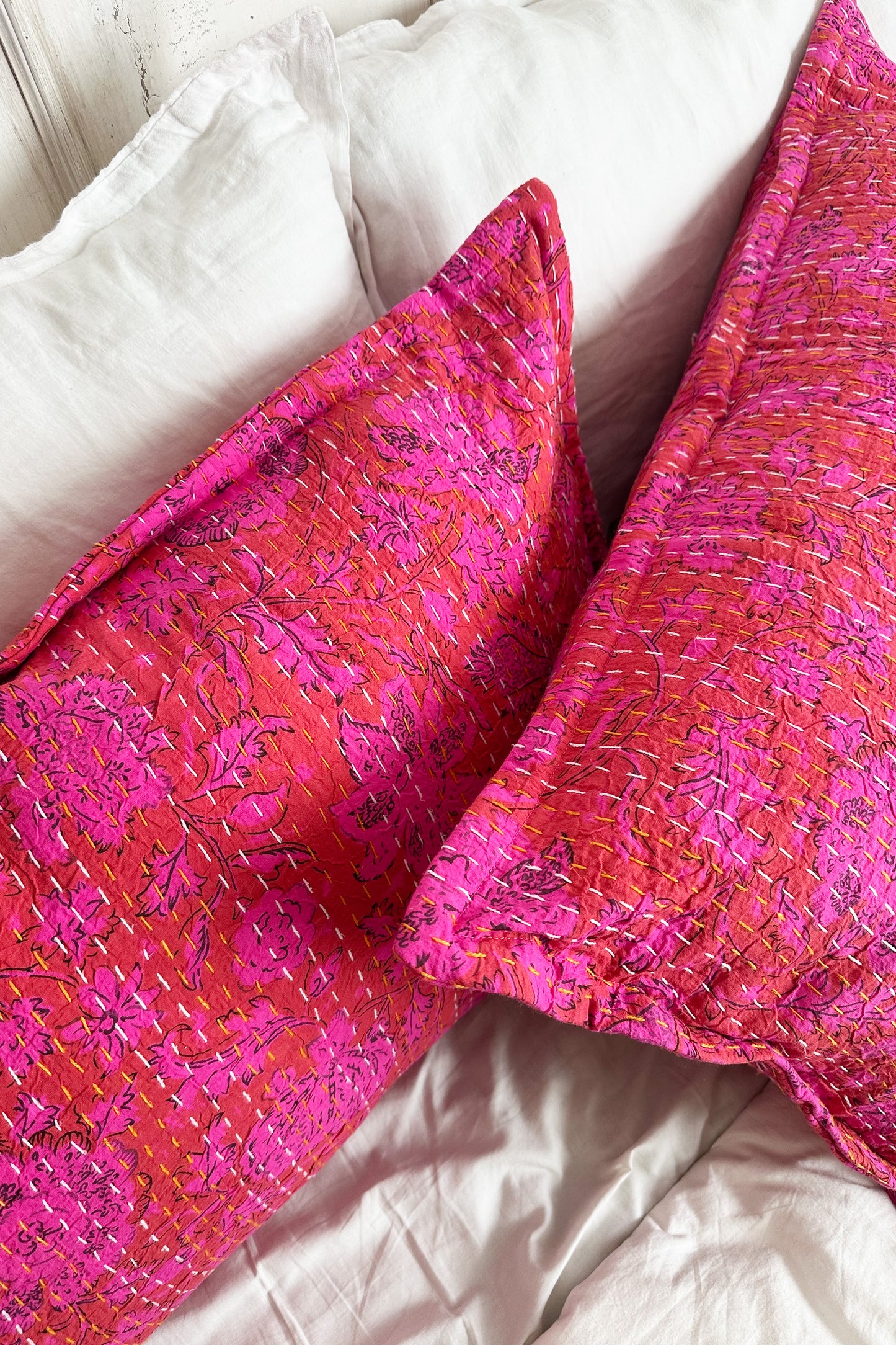 Hot Pink Floral Kantha Hand Stitched Pillowcase