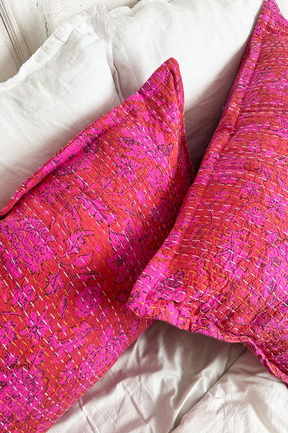 Hot Pink Floral Kantha Hand Stitched Pillowcase