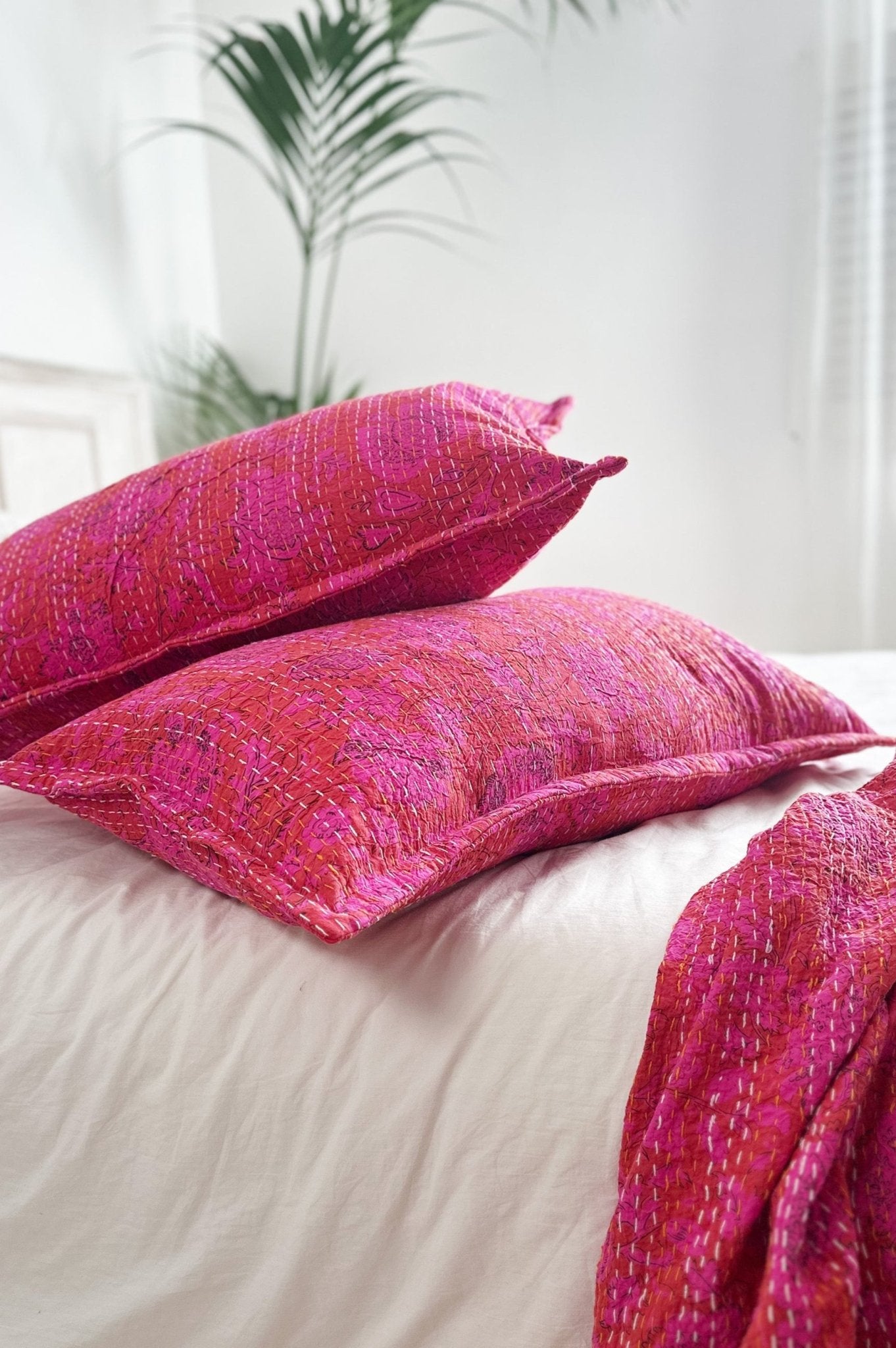 Hot Pink Floral Kantha Hand Stitched Pillowcase