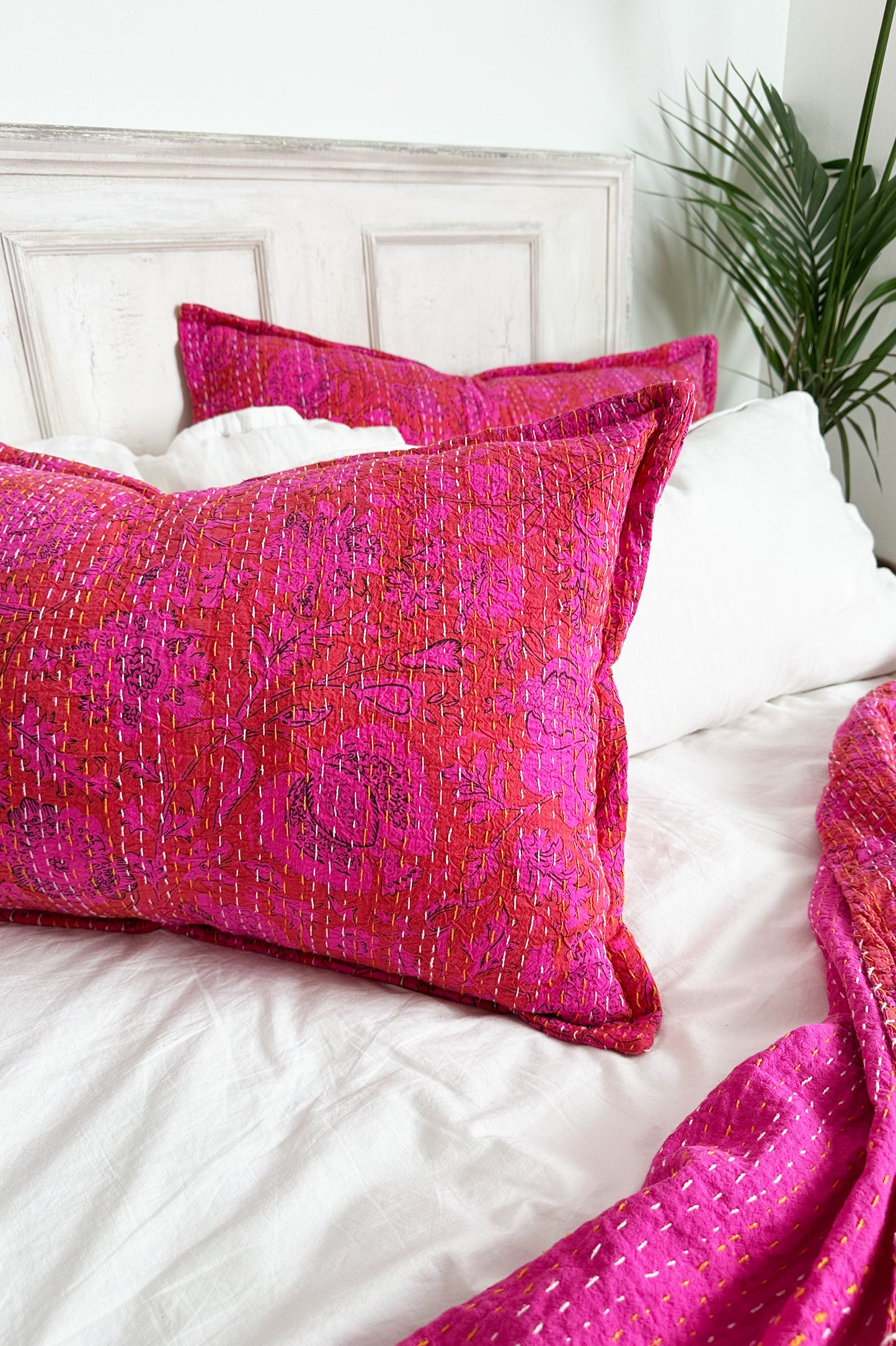 Hot Pink Floral Kantha Hand Stitched Pillowcase