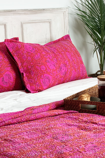 Hot Pink Floral Kantha Hand Stitched Pillowcase