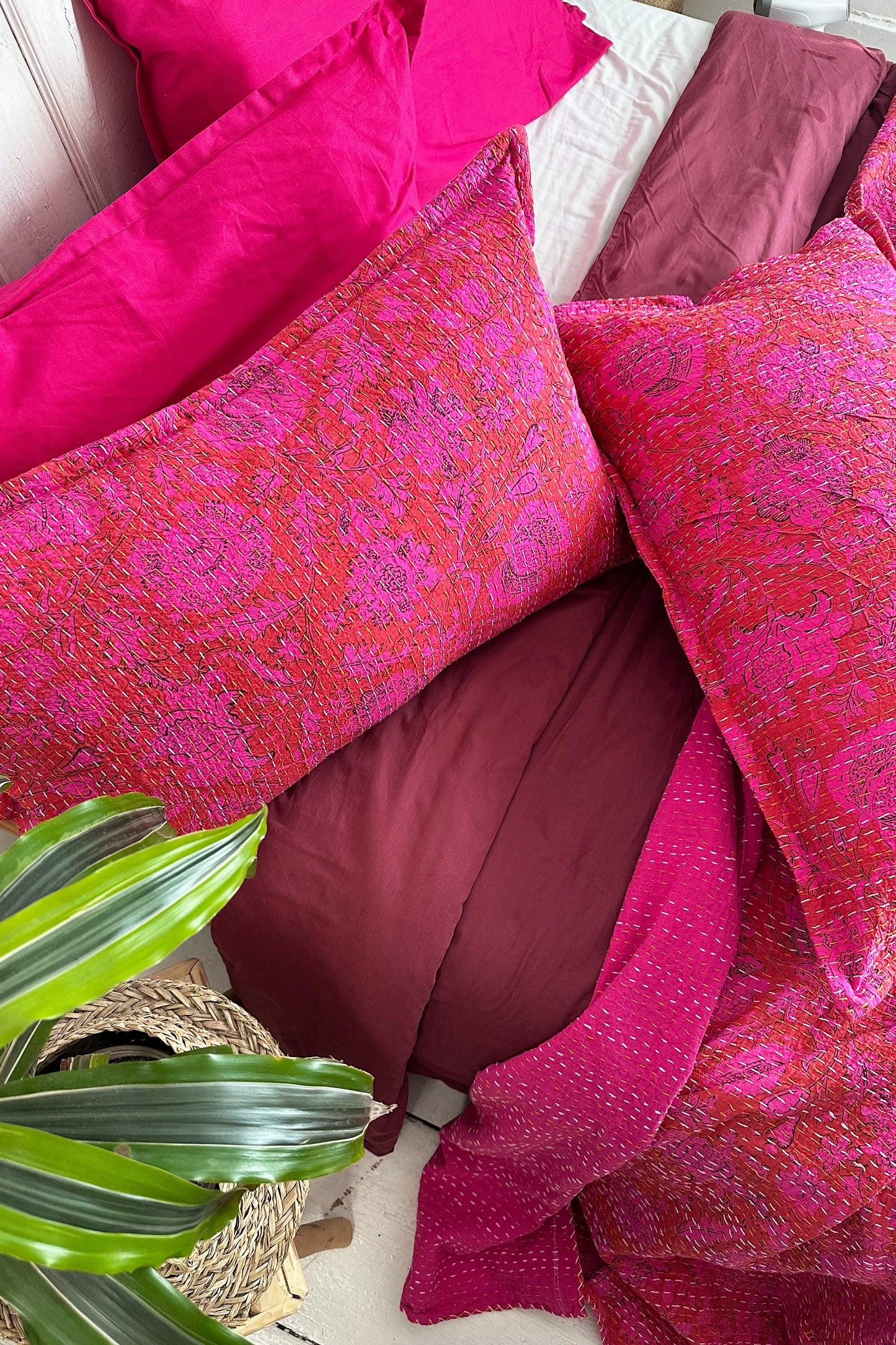 Hot Pink Floral Kantha Hand Stitched Pillowcase