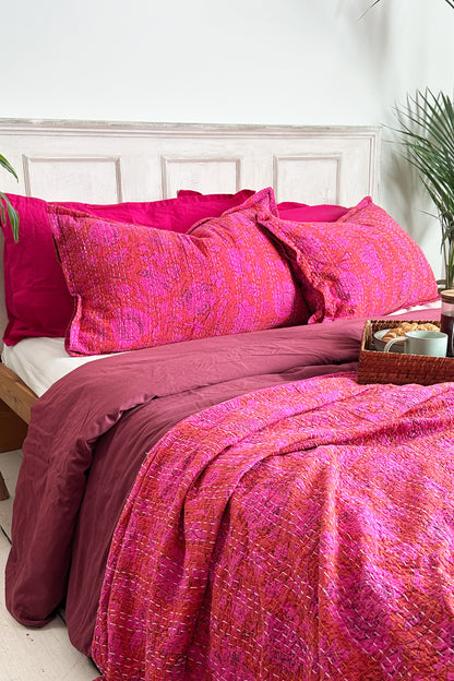 Hot Pink Floral Kantha Hand Stitched Pillowcase