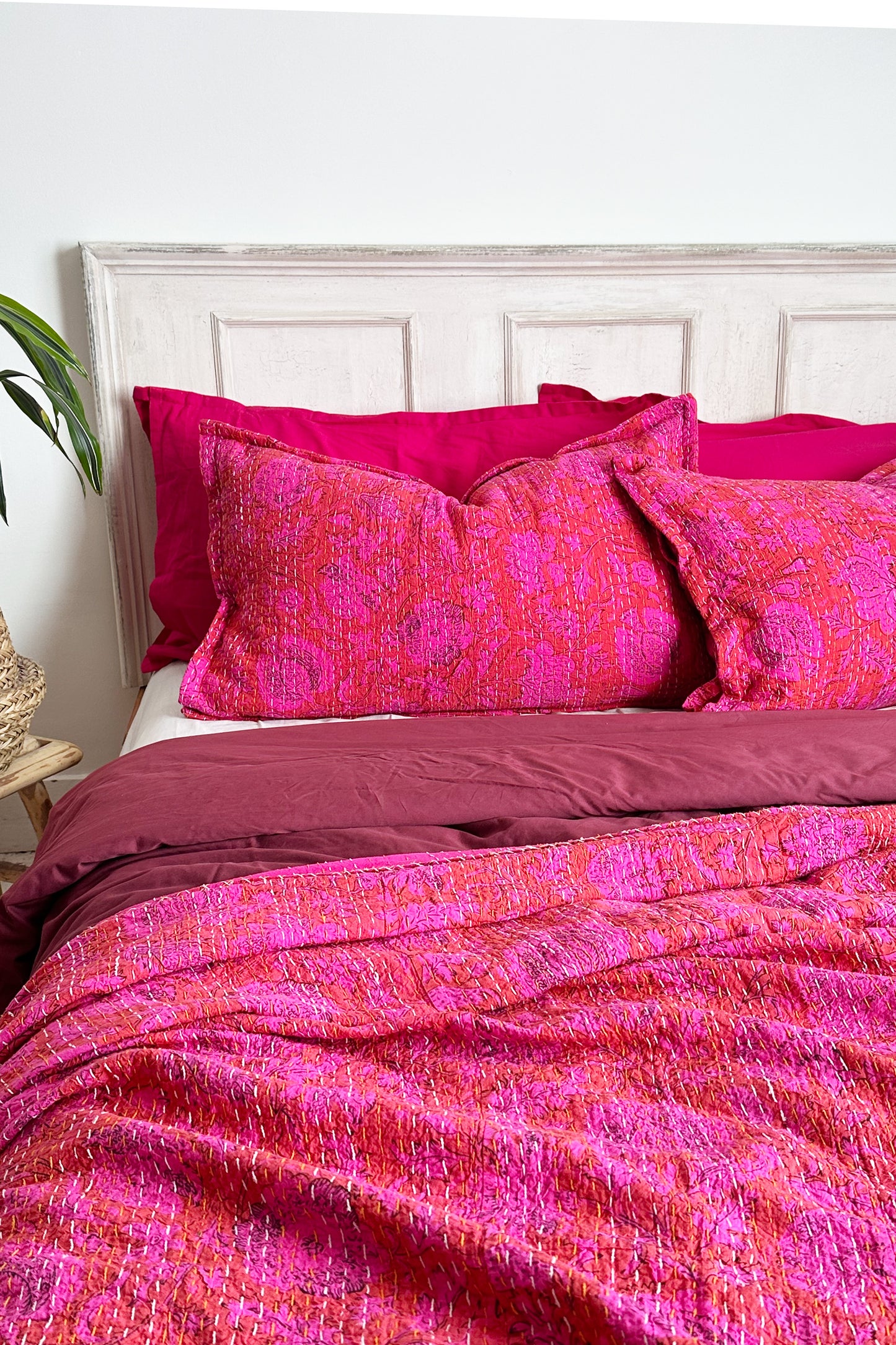 Hot Pink Floral Kantha Hand Stitched Pillowcase