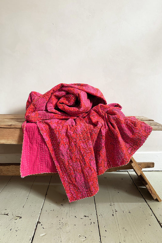 Hot Bright Pink Floral Kantha Quilt Bedspread