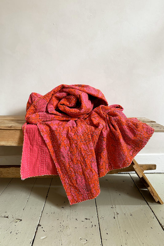 Hot Bright Pink Floral Kantha Quilt King Size Bedspread - Biggs & Hill