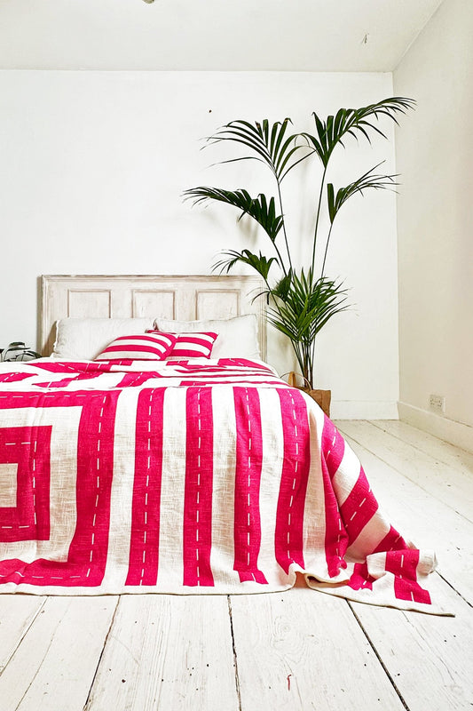 Deep Pink And White Geometric Cotton Bedspread, King Size - Biggs & Hill