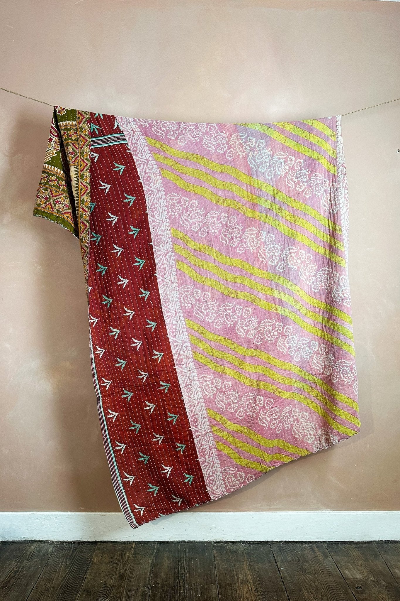 Large Vintage Kantha Quilt In Geometric Pink And Olive Green - Biggs & Hill