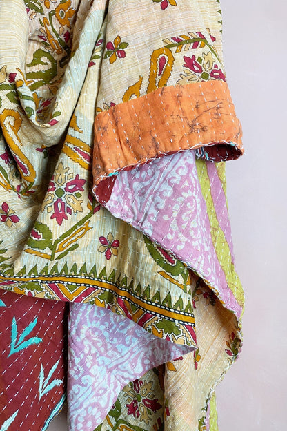 Large Vintage Kantha Quilt In Geometric Pink And Olive Green - Biggs & Hill