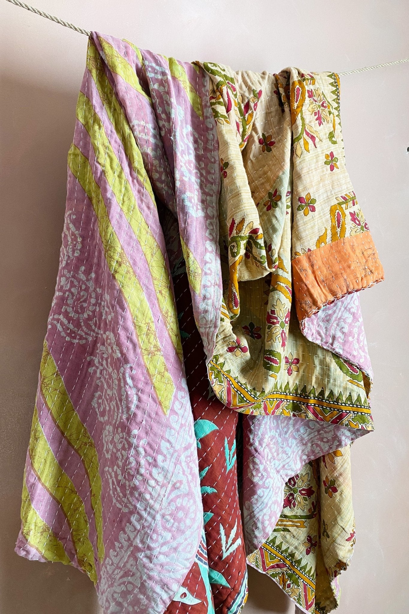 Large Vintage Kantha Quilt In Geometric Pink And Olive Green - Biggs & Hill