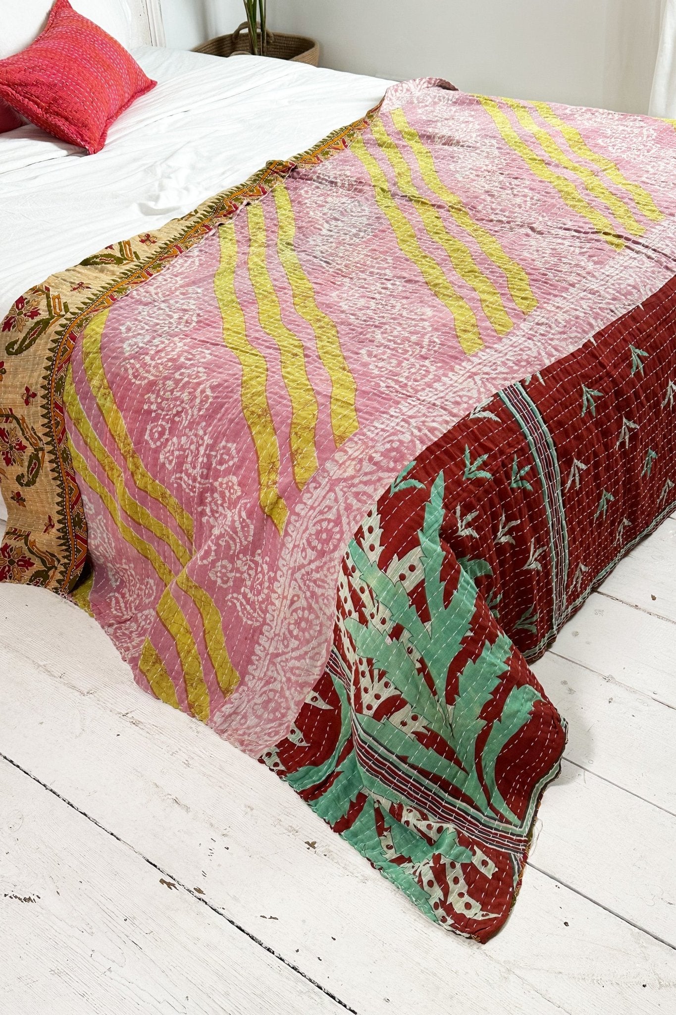 Large Vintage Kantha Quilt In Geometric Pink And Olive Green - Biggs & Hill