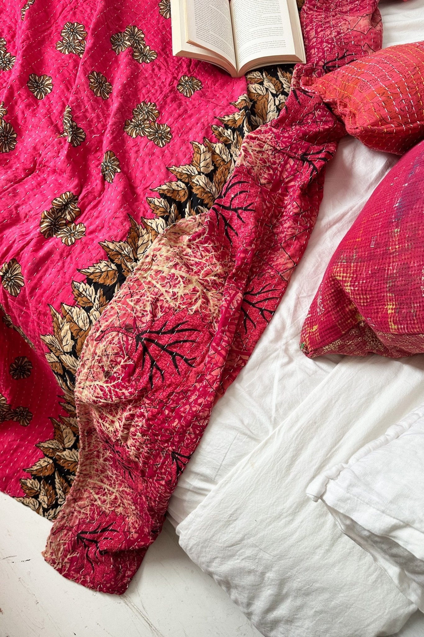 Large Vintage Kantha Quilt In Bright Pinks - Biggs & Hill