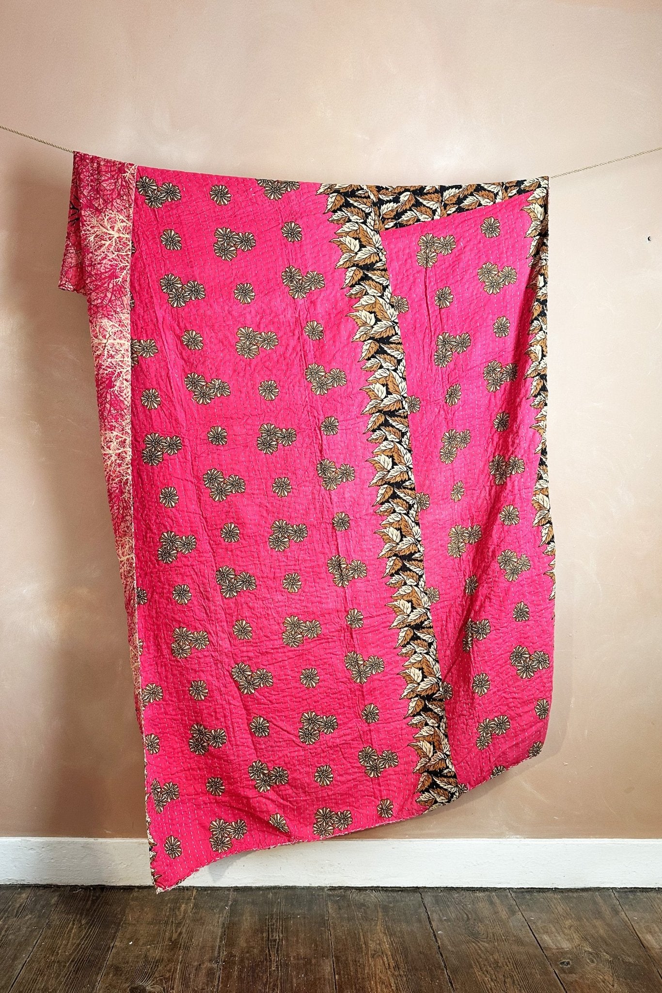 Large Vintage Kantha Quilt In Bright Pinks - Biggs & Hill