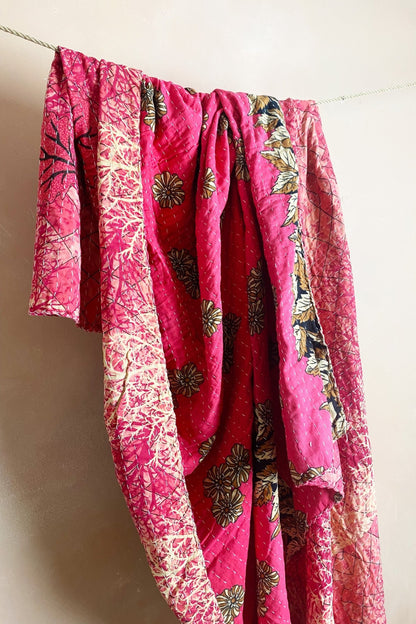 Large Vintage Kantha Quilt In Bright Pinks - Biggs & Hill