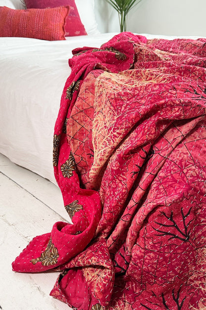 Large Vintage Kantha Quilt In Bright Pinks - Biggs & Hill