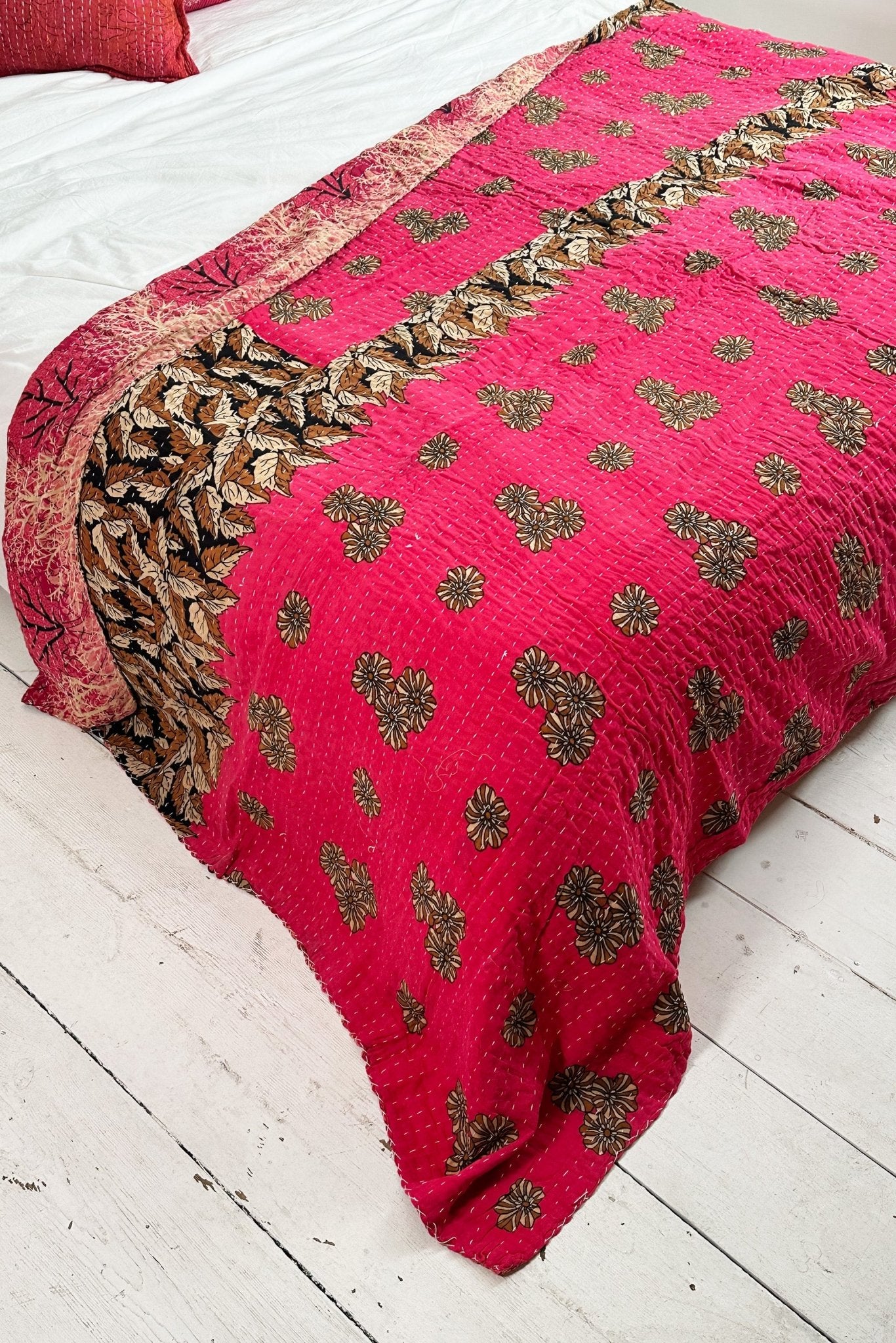 Large Vintage Kantha Quilt In Bright Pinks - Biggs & Hill