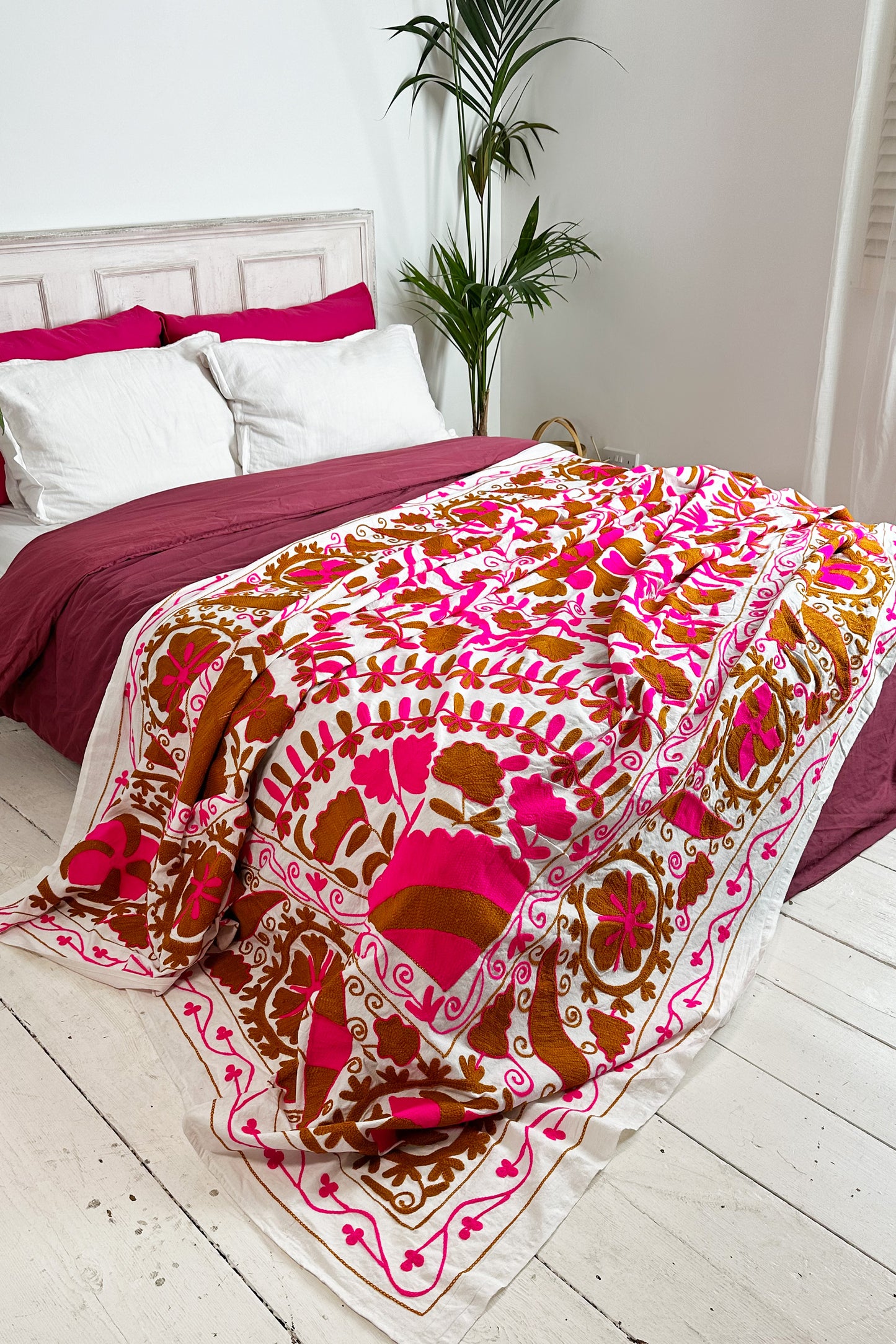 Pink and Terracotta Embroidered Suzani Bedcover