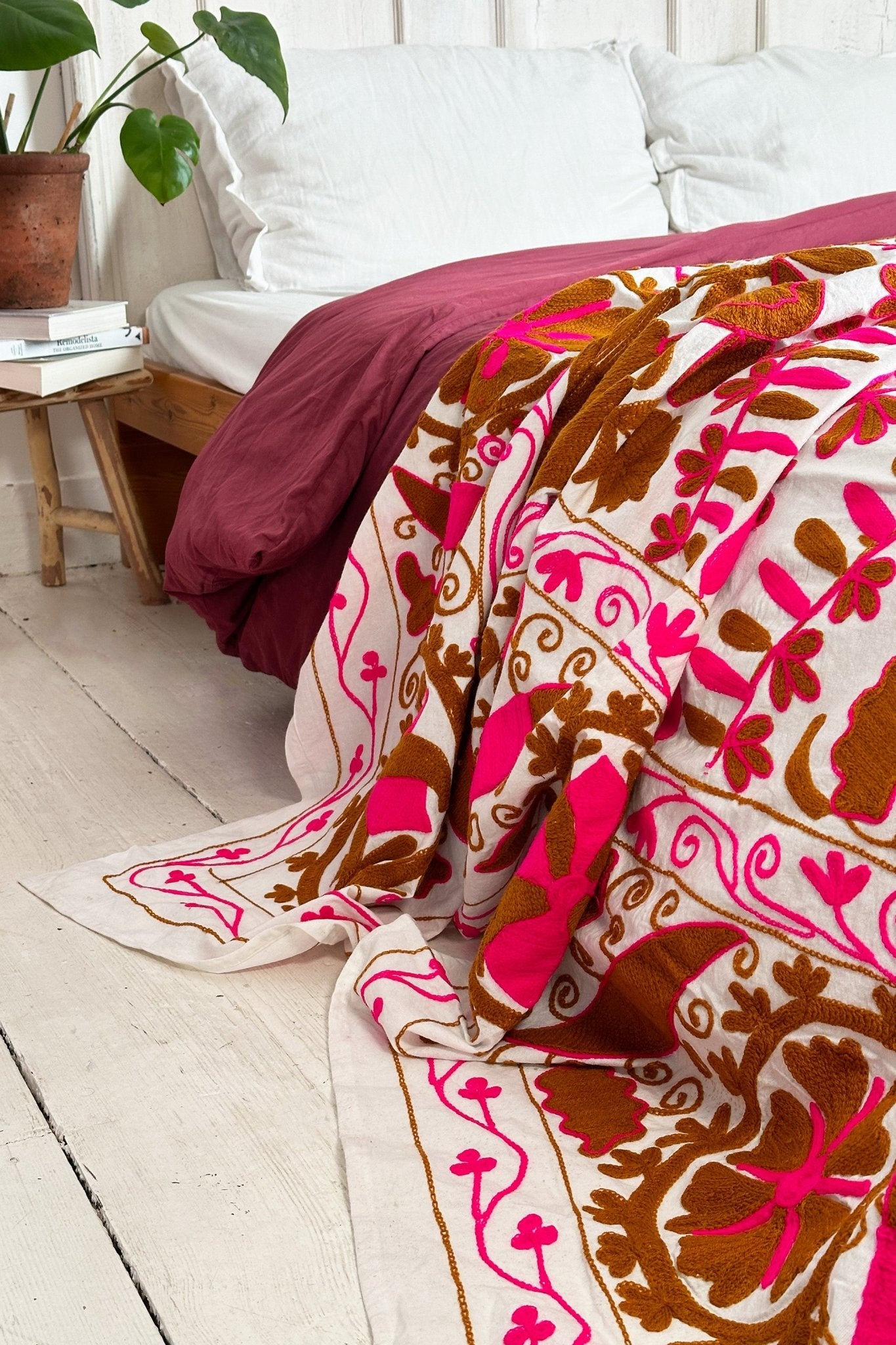 Pink and Terracotta Embroidered Suzani Bedcover - Biggs & Hill