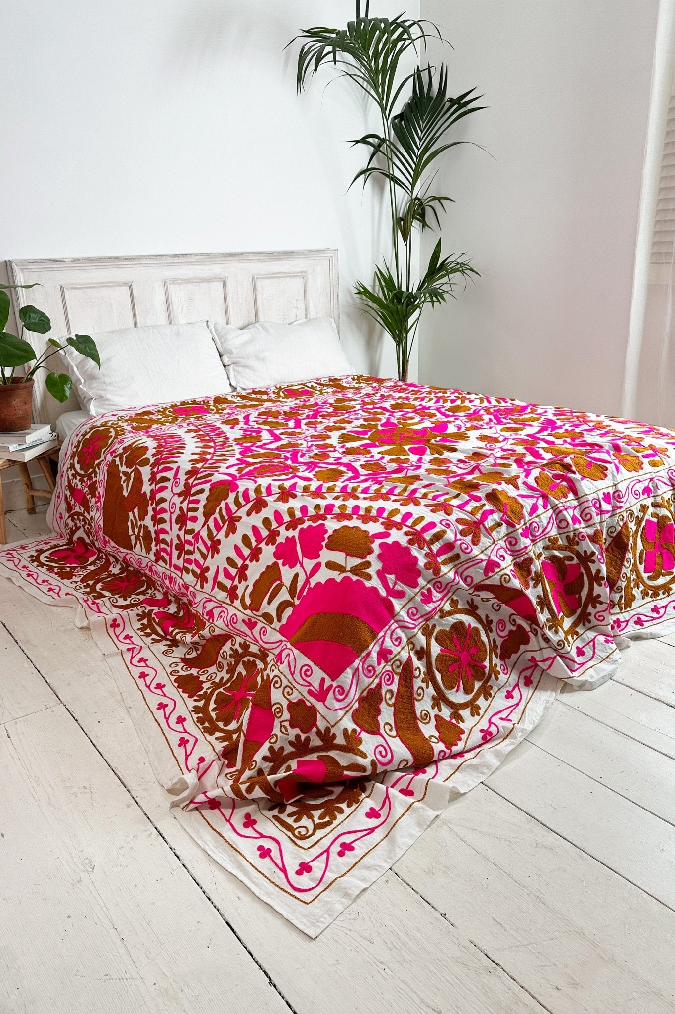 Pink and Terracotta Embroidered Suzani Bedcover - Biggs & Hill