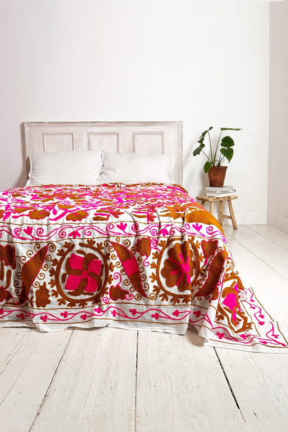 Pink and Terracotta Embroidered Suzani Bedcover - Biggs & Hill