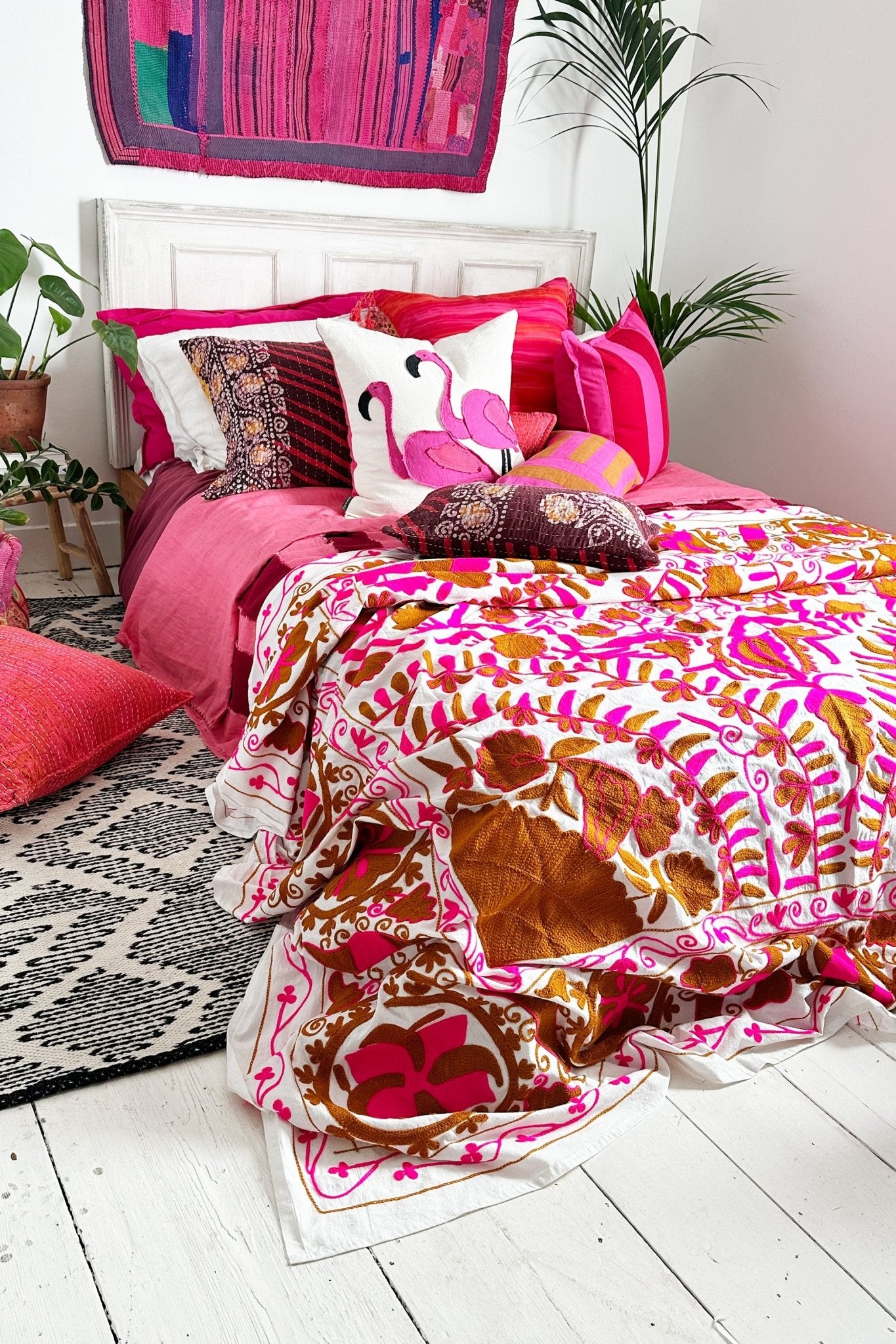 Pink and Terracotta Embroidered Suzani Bedcover - Biggs & Hill