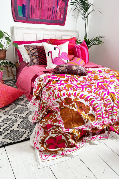 Pink and Terracotta Embroidered Suzani Bedcover - Biggs & Hill