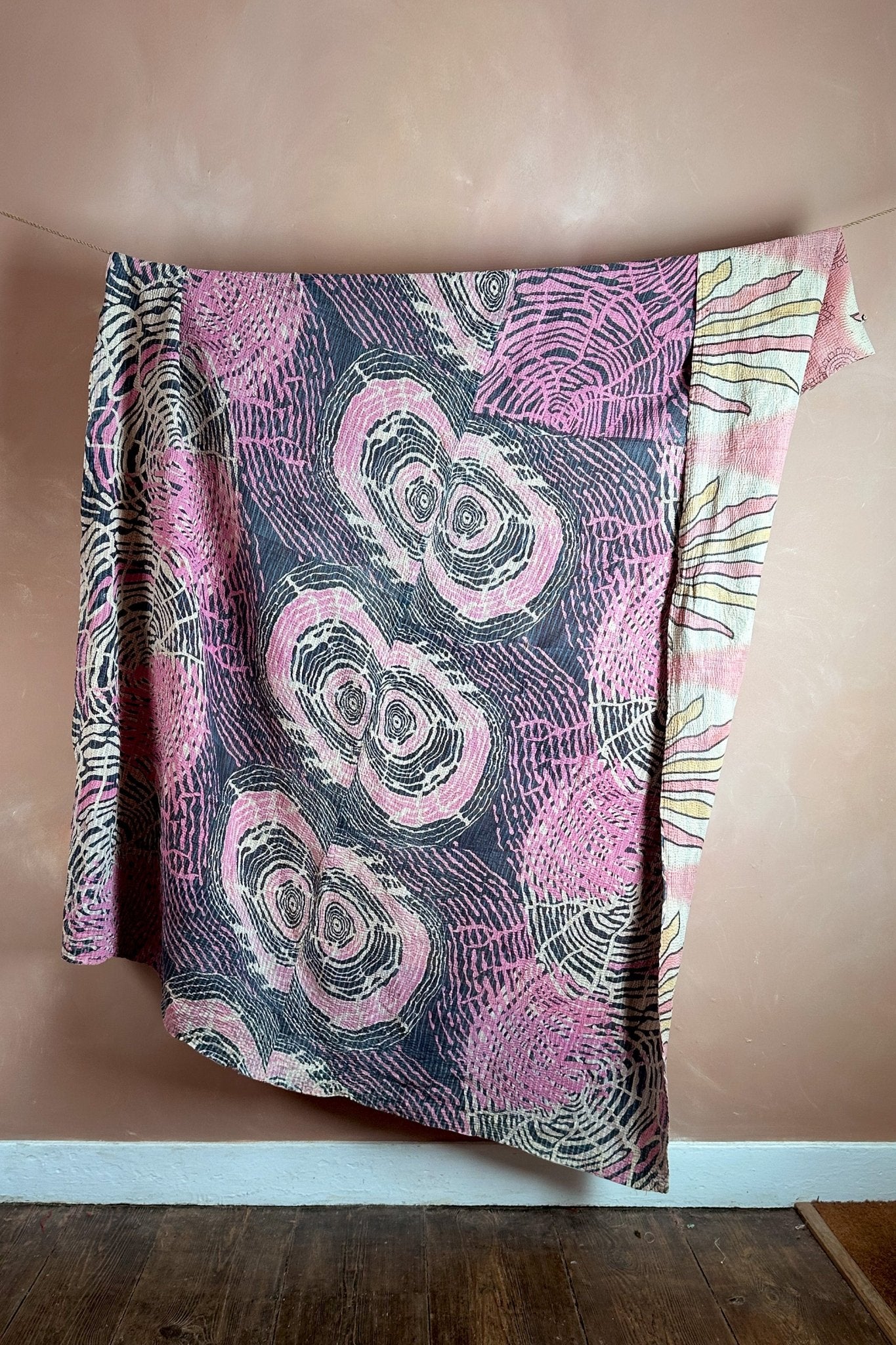 Large Vintage Fine Stitched Kantha Quilt In Abstract Pink and Purple - Biggs & Hill