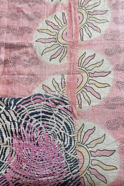 Large Vintage Fine Stitched Kantha Quilt In Abstract Pink and Purple - Biggs & Hill