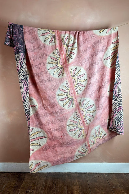 Large Vintage Fine Stitched Kantha Quilt In Abstract Pink and Purple - Biggs & Hill