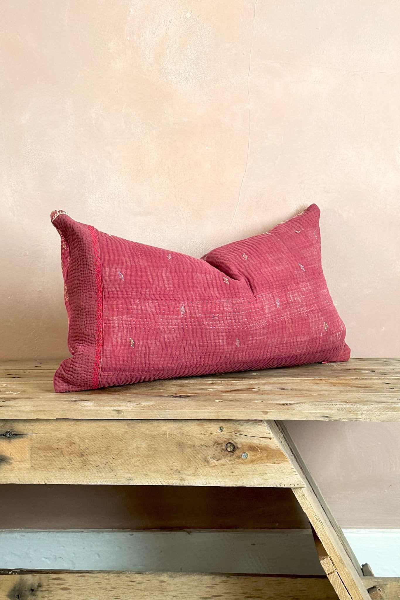 One - Off Rectangular Vintage Kantha Cushion In Deep Pinks - Biggs & Hill