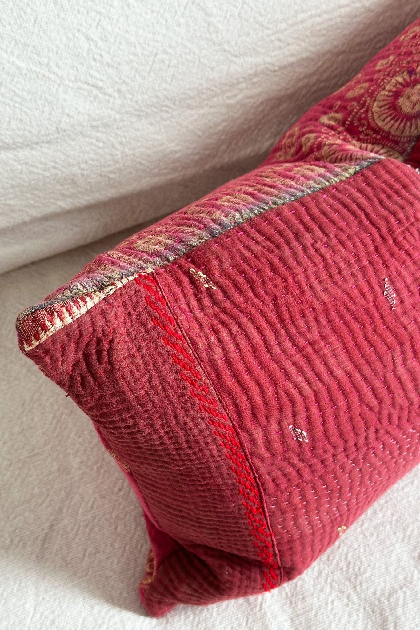 One - Off Rectangular Vintage Kantha Cushion In Deep Pinks - Biggs & Hill