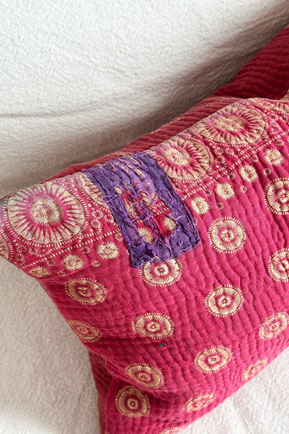 One - Off Rectangular Vintage Kantha Cushion In Deep Pinks - Biggs & Hill