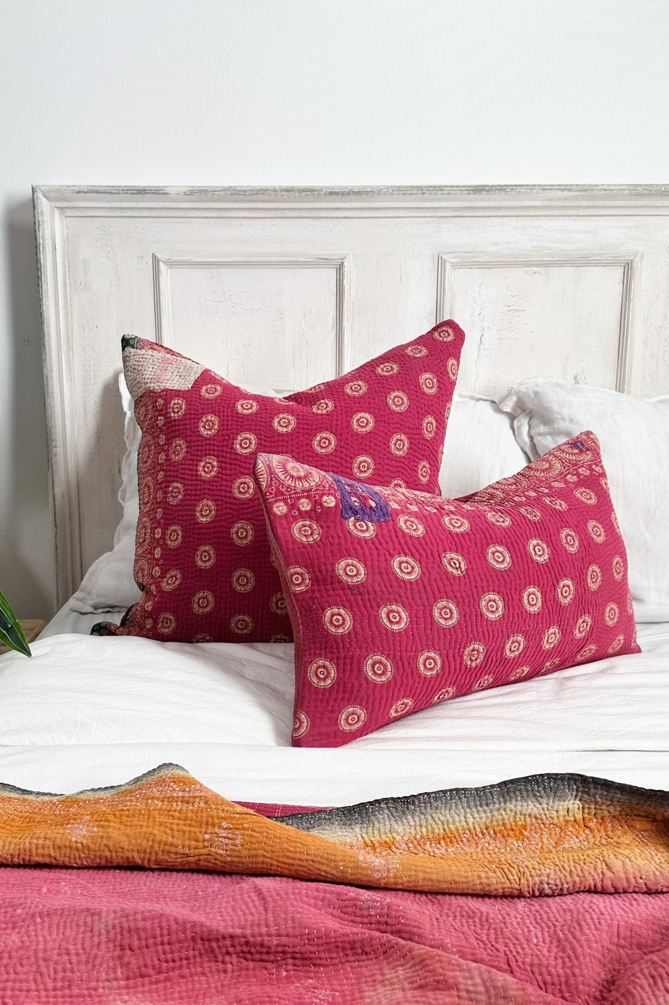 One - Off Rectangular Vintage Kantha Cushion In Deep Pinks - Biggs & Hill