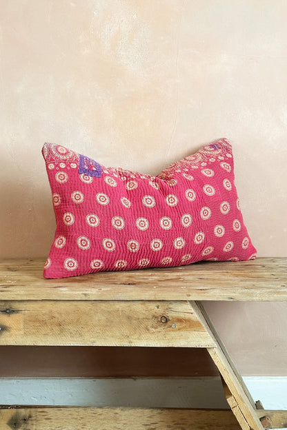 One - Off Rectangular Vintage Kantha Cushion In Deep Pinks - Biggs & Hill