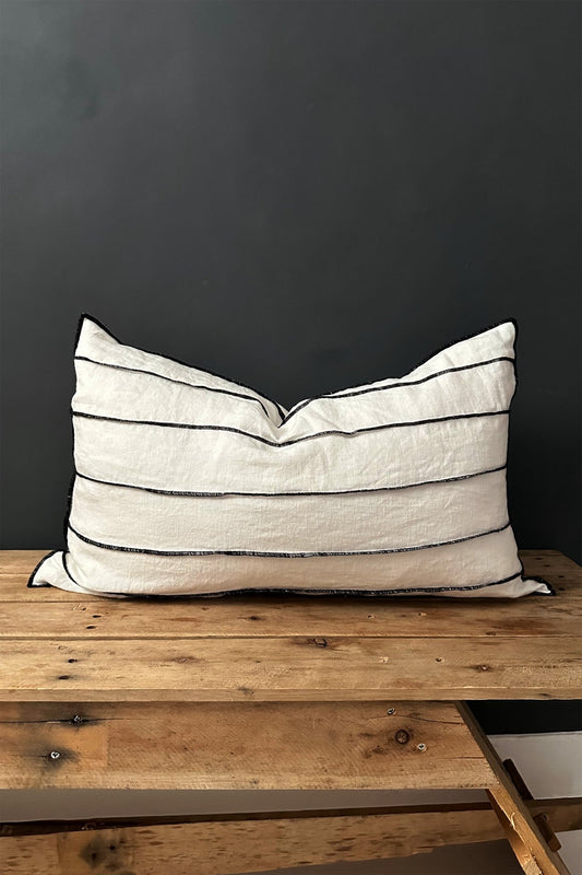 White Linen Lumbar Cushion With Horizontal Black Stripes - Biggs & Hill - Cushion Covers - 16 inch - 40cm - 60cm