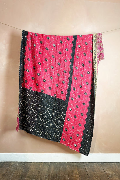 Large Vintage Kantha Quilt In Pink And Black - Biggs & Hill