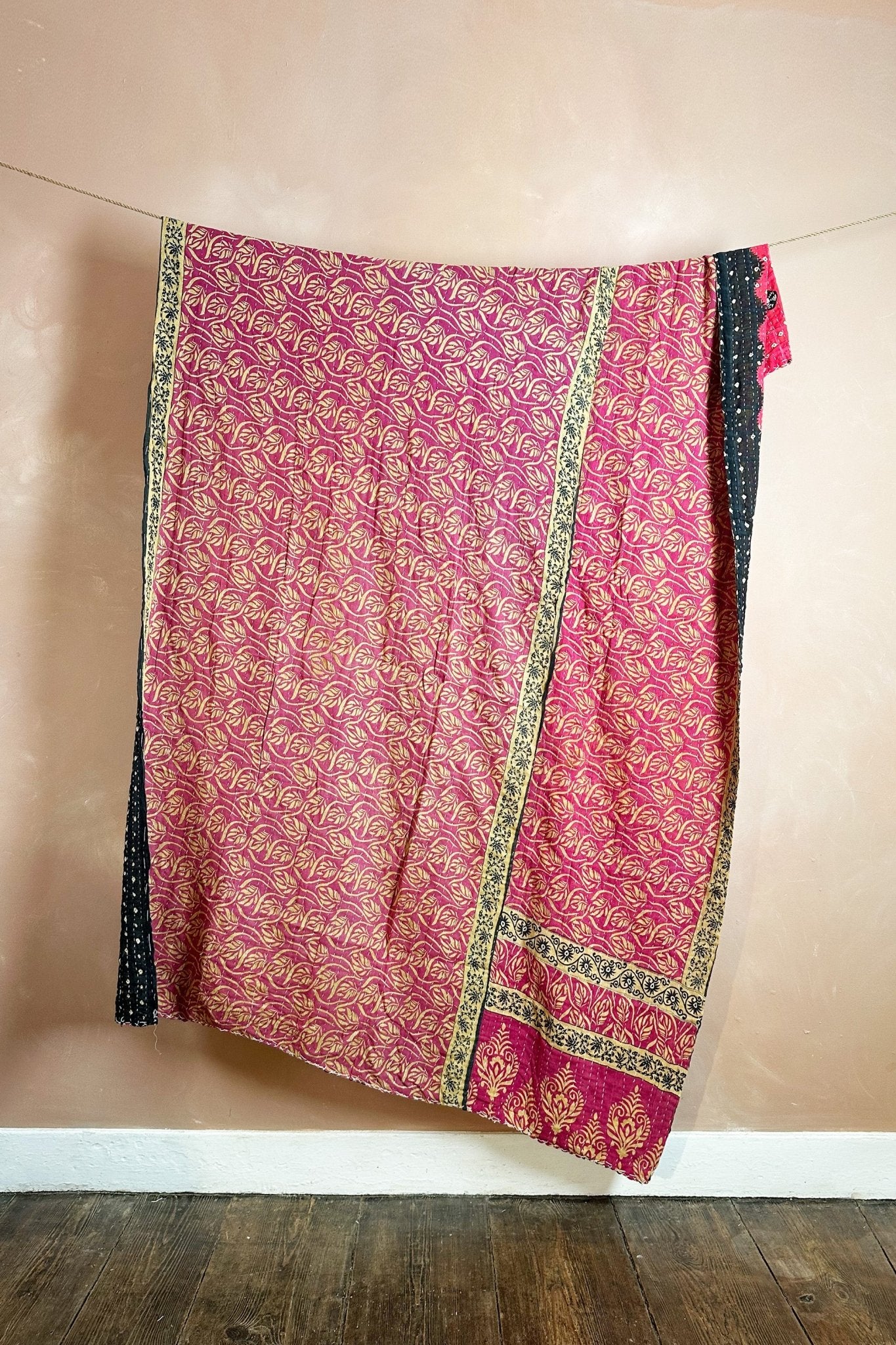 Large Vintage Kantha Quilt In Pink And Black - Biggs & Hill