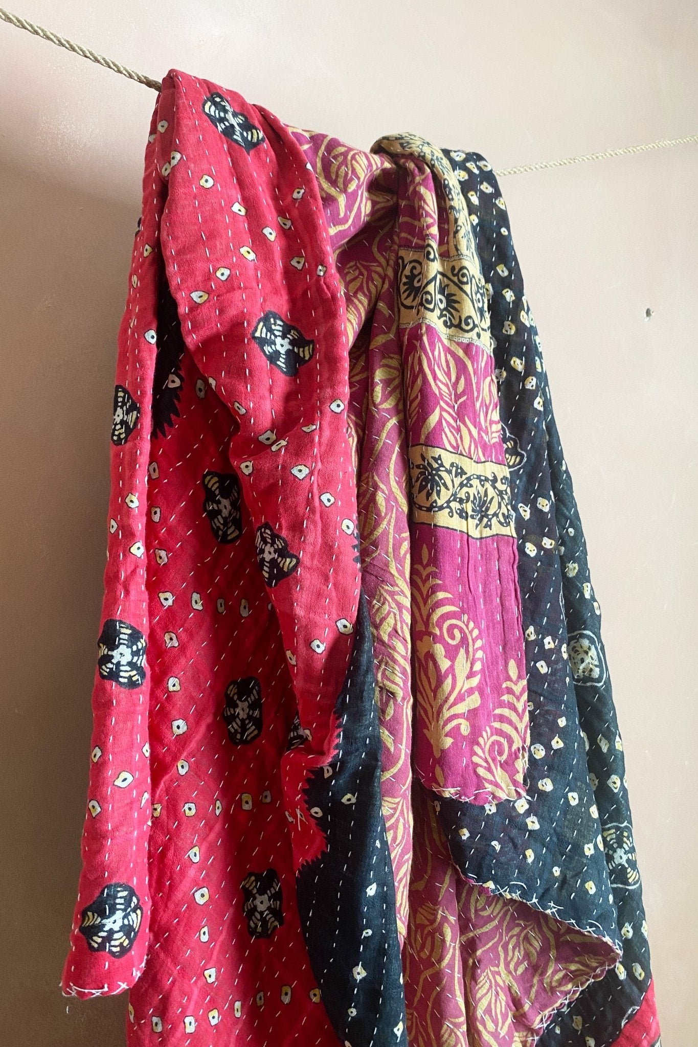 Large Vintage Kantha Quilt In Pink And Black - Biggs & Hill