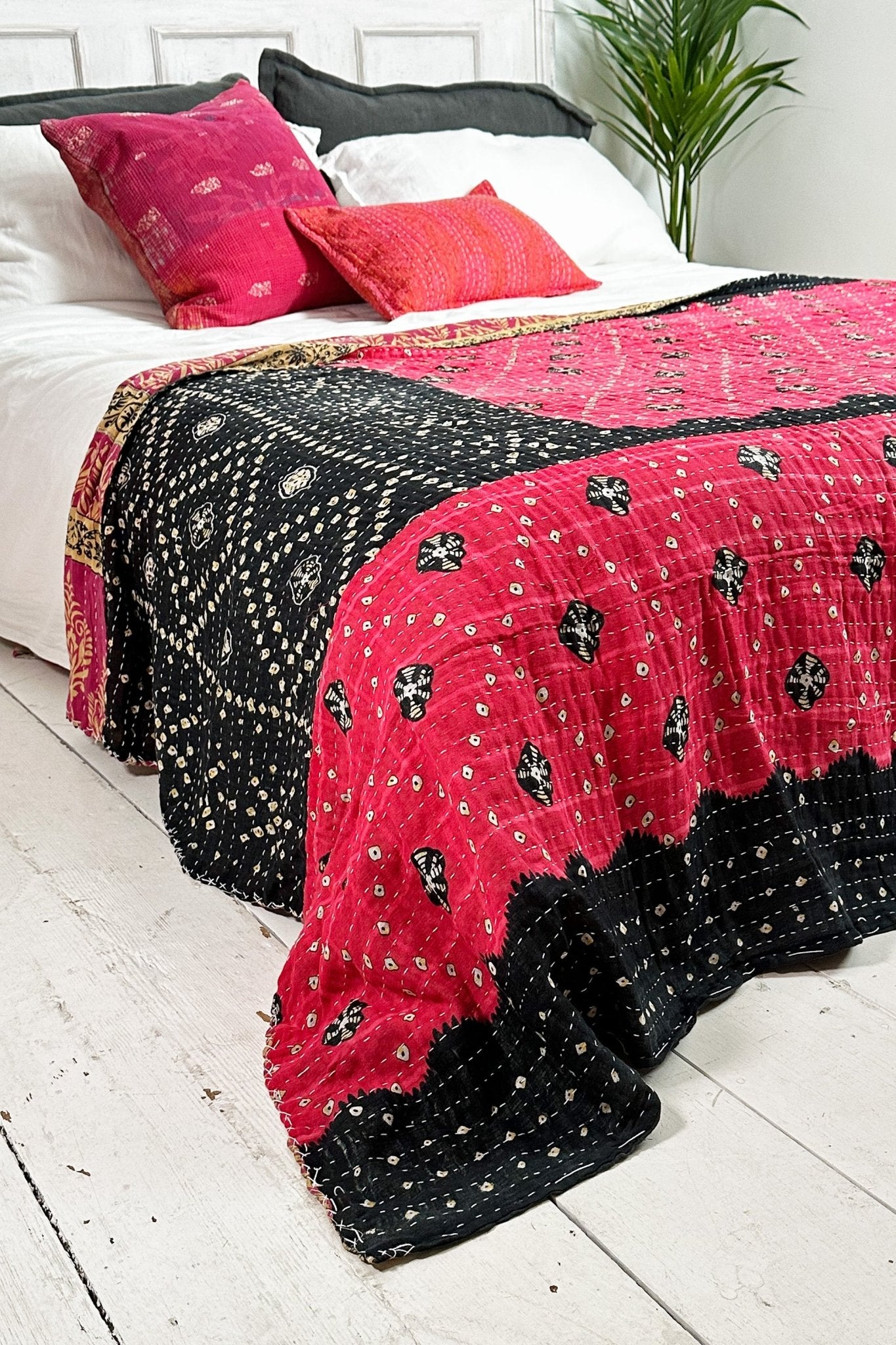 Large Vintage Kantha Quilt In Pink And Black - Biggs & Hill