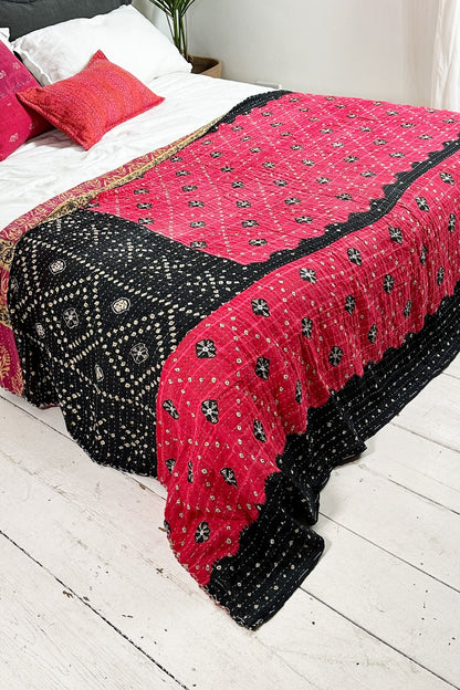 Large Vintage Kantha Quilt In Pink And Black - Biggs & Hill