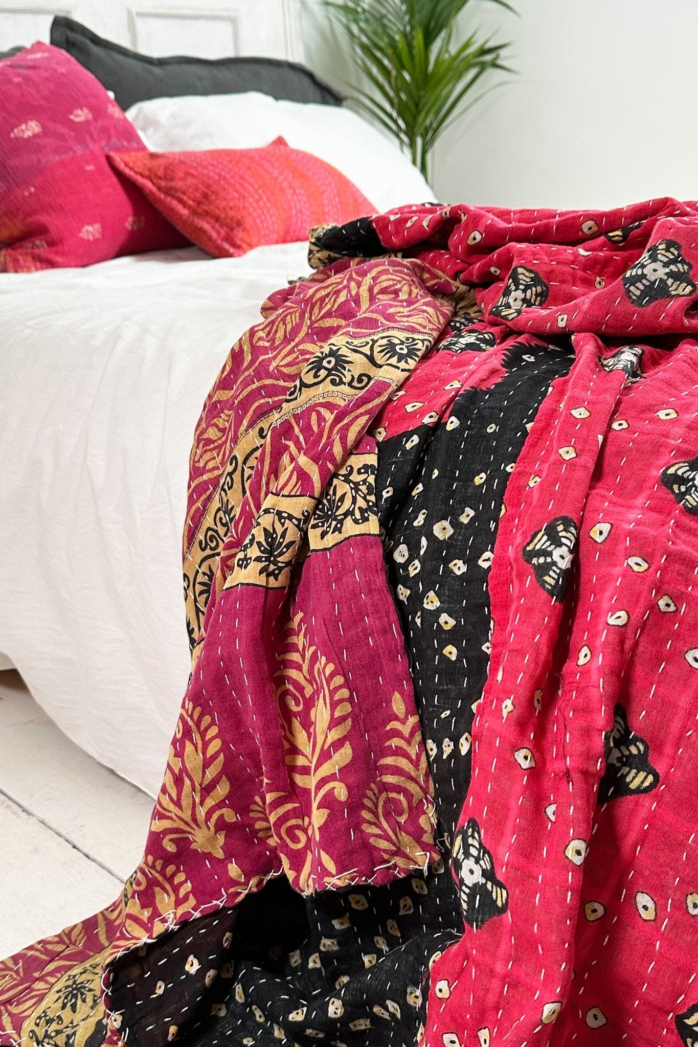 Large Vintage Kantha Quilt In Pink And Black - Biggs & Hill