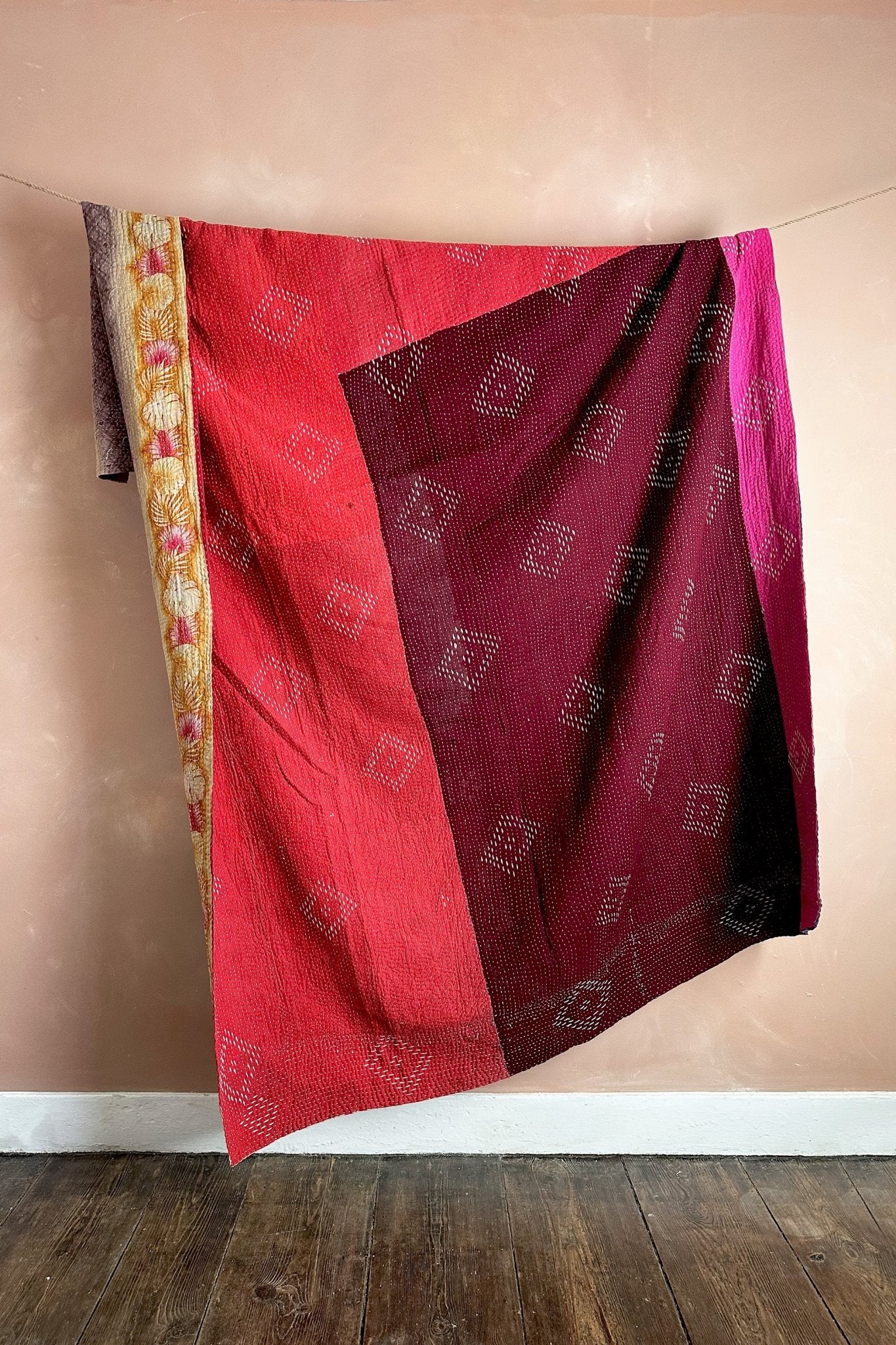 Large Vintage Fine Stitched Kantha Quilt In Red and Blue - Biggs & Hill