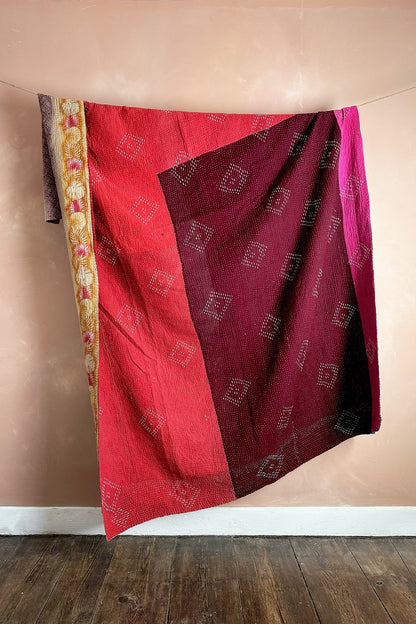 Large Vintage Fine Stitched Kantha Quilt In Red and Blue - Biggs & Hill