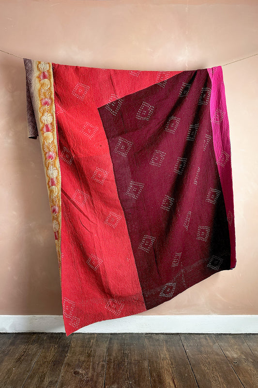 Large Vintage Fine Stitched Kantha Quilt In Red and Blue