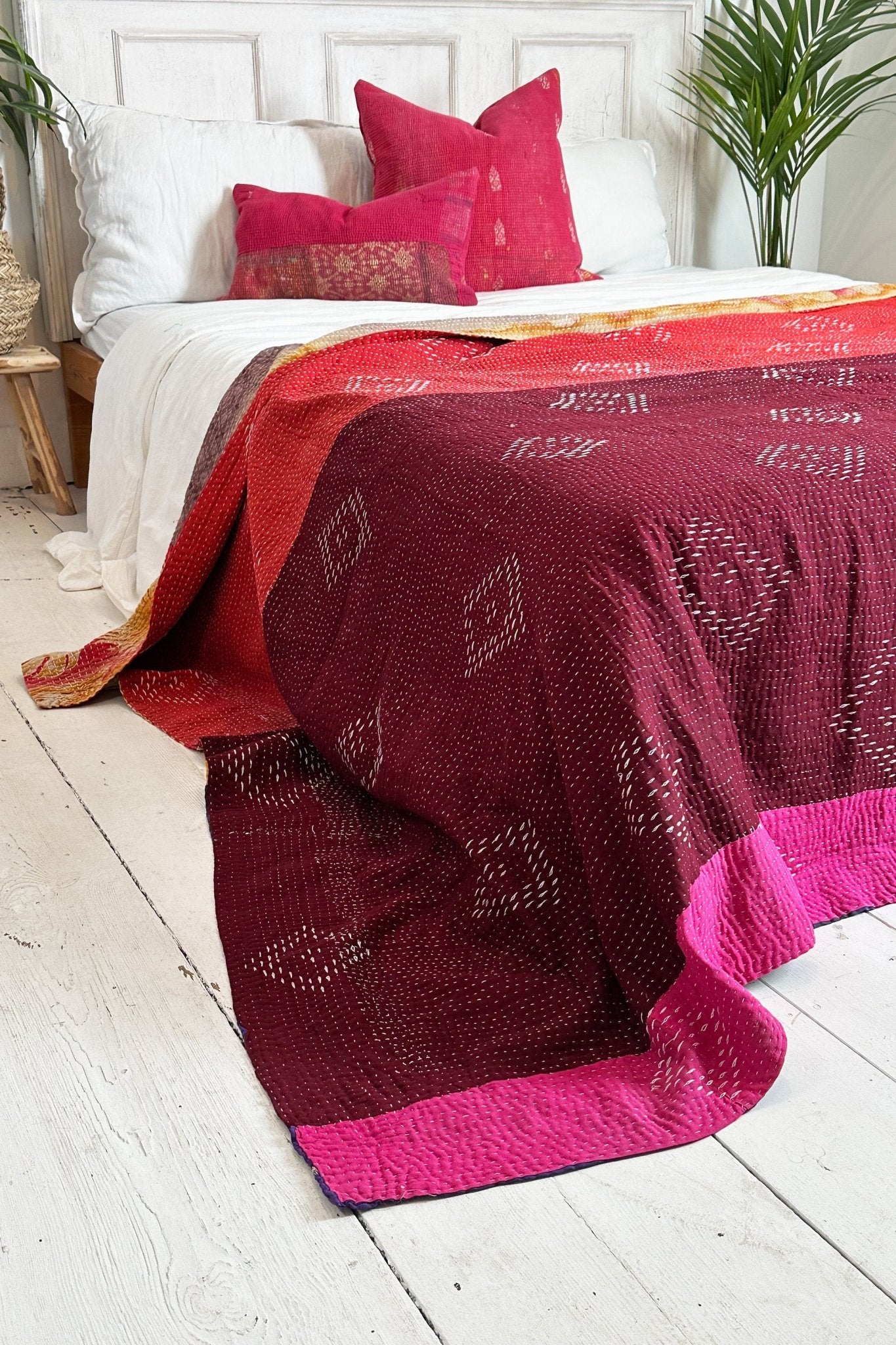 Large Vintage Fine Stitched Kantha Quilt In Red and Blue - Biggs & Hill